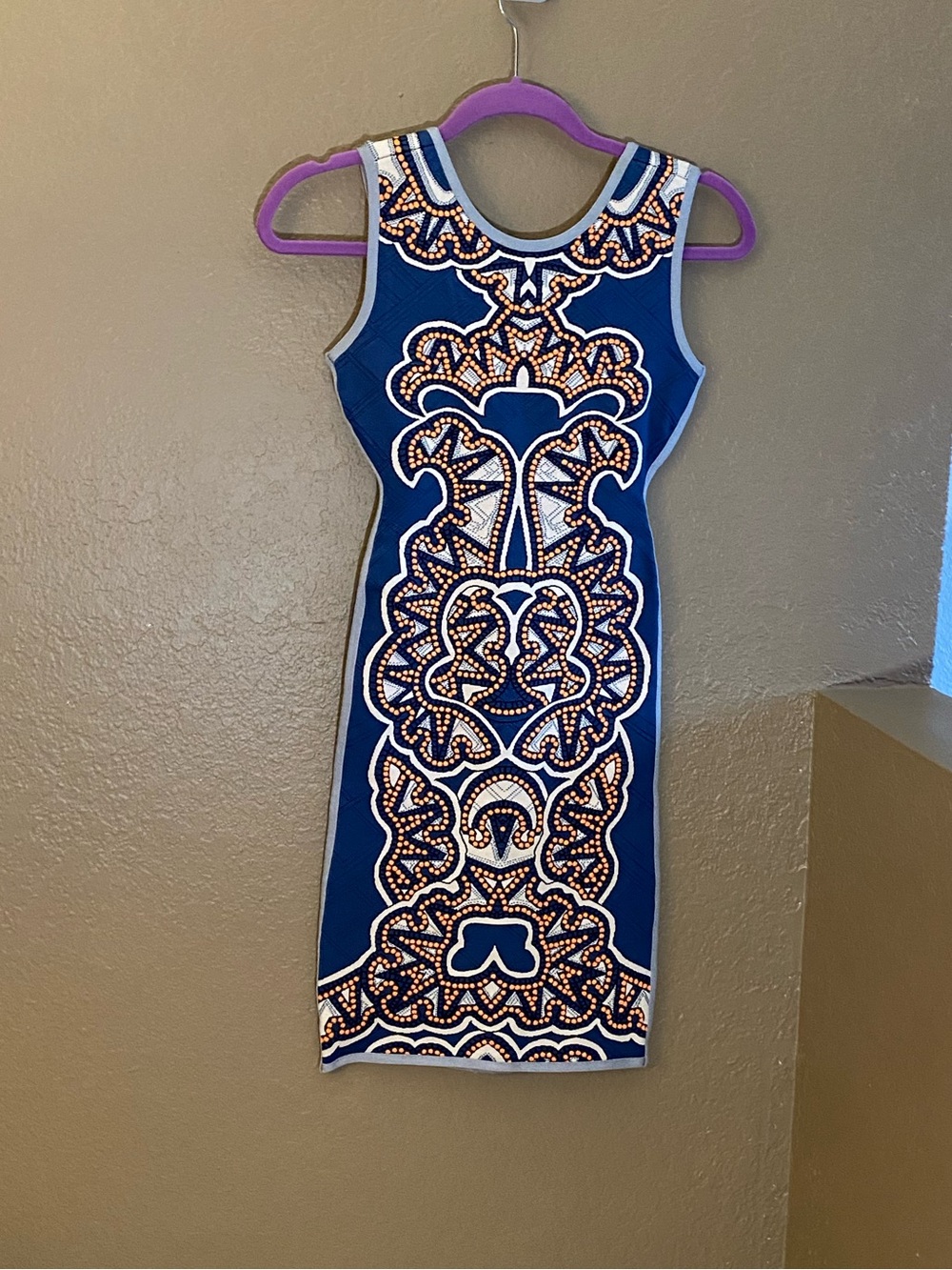 Herve Leger Embroidered Accent Navy and Ivory Patterned Bandage Mini Dress